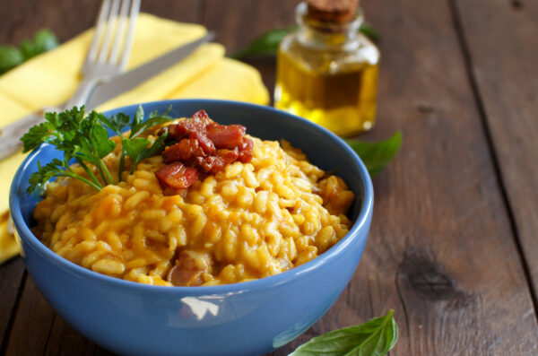 Sonoma Farm Bacon Risotto with Garlic Infused Olive Oil Recipe