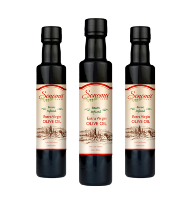 3 pack of 500ml bottles of bacon flavor infused extra virgin olive oil