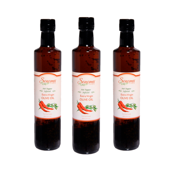 3 pack of 500ml bottles of cayenne infused extra virgin olive oil