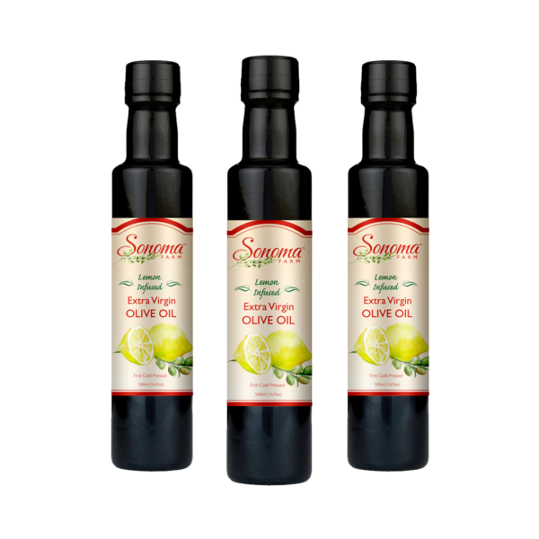 3 pack of 500ml bottles of lemon infused extra virgin olive oil