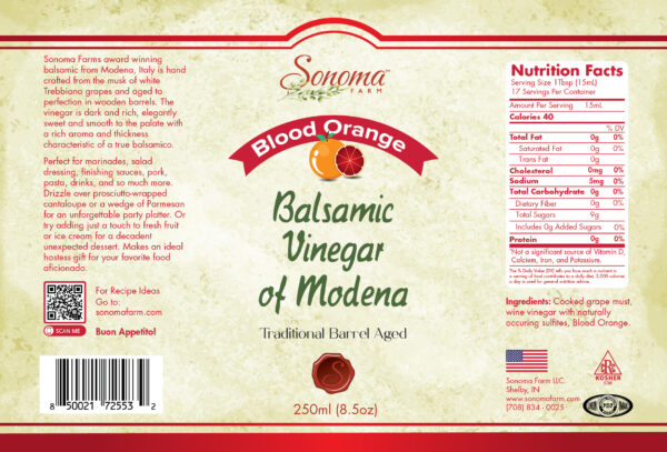 A blood orange infused balsamic vinegar label.